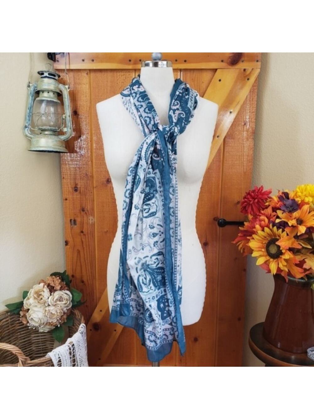 Hawaiian Paisley Rectangular Scarf Wrap Shawl Blue White